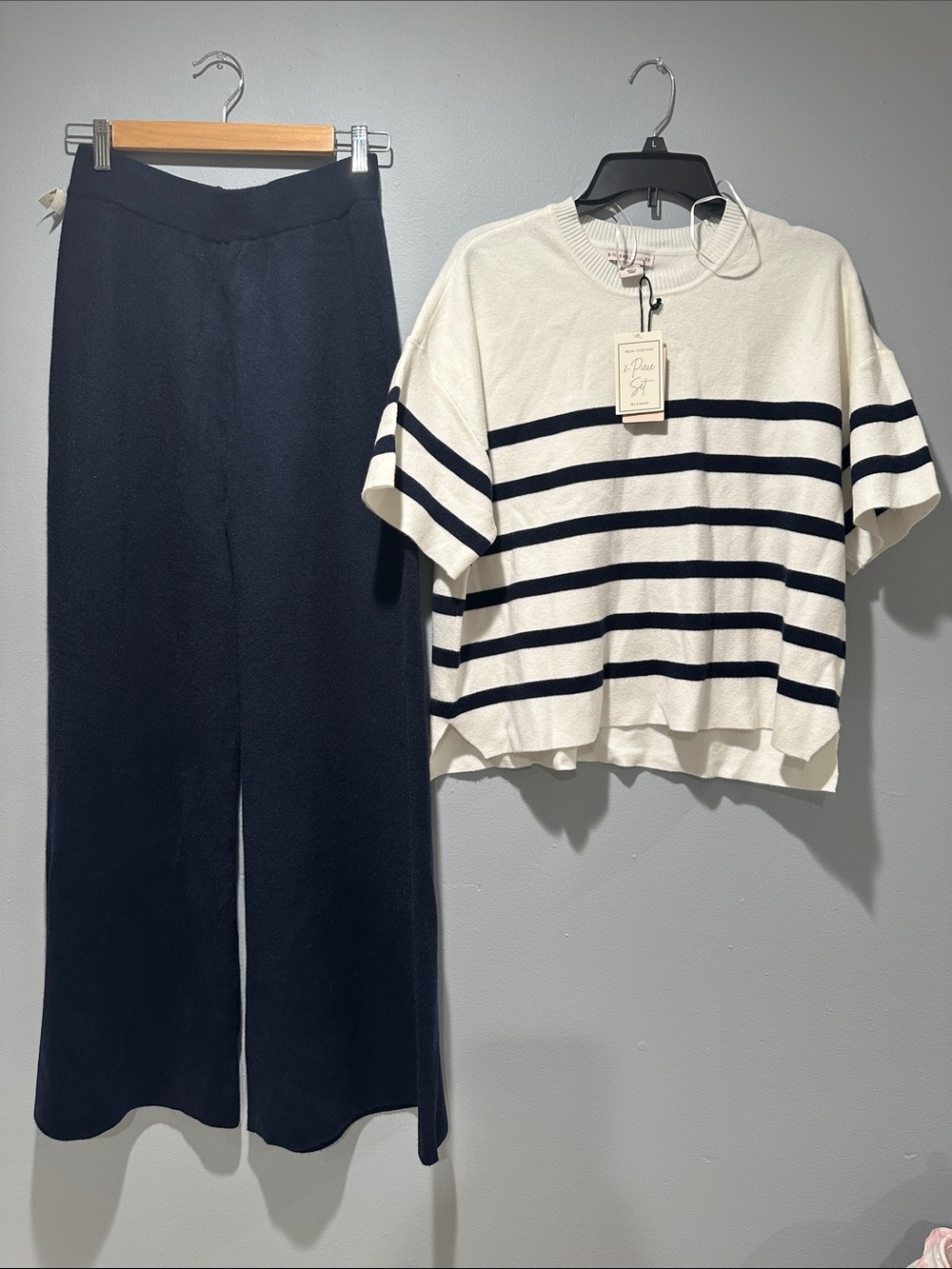 Sincerely Jules Navy Wide-Leg Pants with Cream & Navy Striped Top - Picture 1 of 8